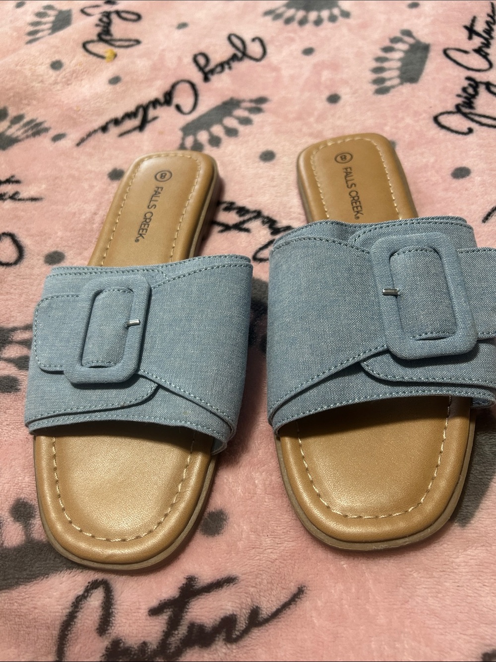 Falls Creek Women's Light Blue Fabric Slide Sandals with Buckle Detail Size 8